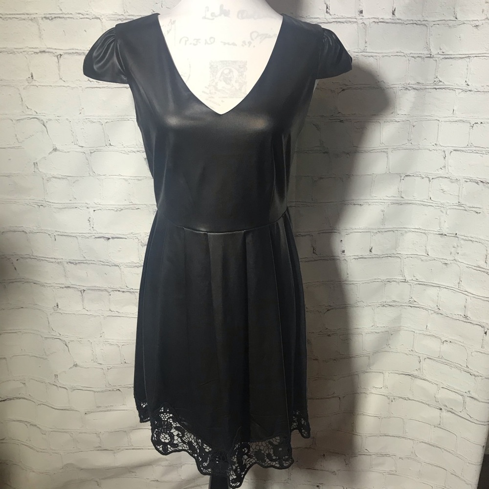 Mimi Chica Medium Pleather Dress. Black. V Neck.